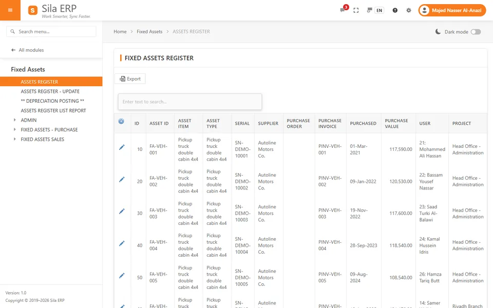 Fixed assets register with asset items, suppliers, purchase values and users