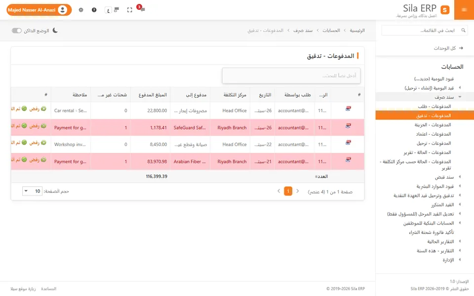 قائمة تدقيق المدفوعات: طلبات صرف بانتظار المدقق مع زري الرفض والتدقيق