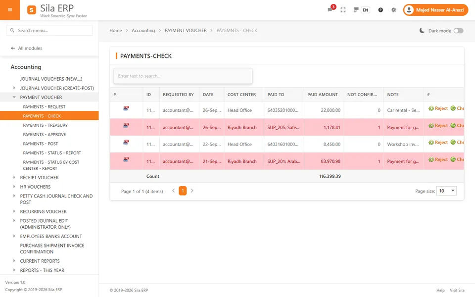 Payments – Check list: payment requests waiting for the reviewer, with reject and check buttons