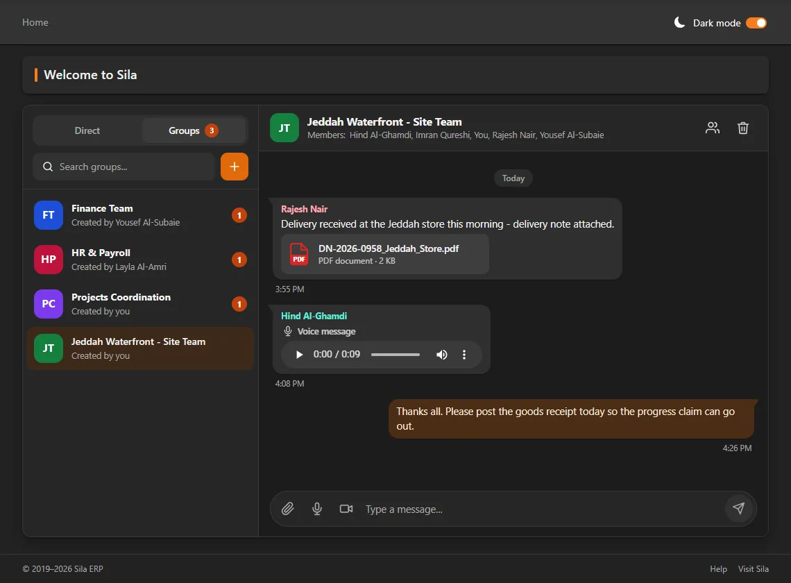Group chat in Sila ERP: a delivery note PDF and a voice message in a project site team's conversation