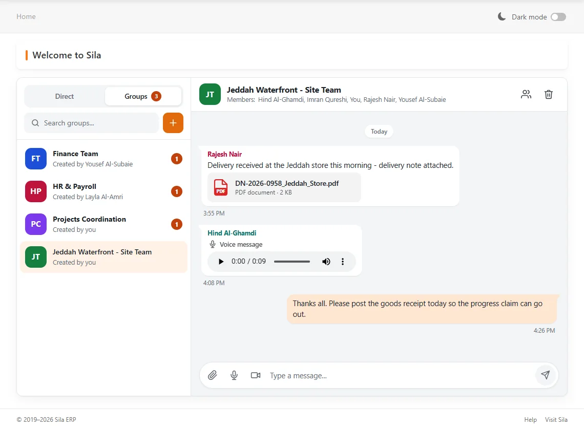 Group chat in Sila ERP: a delivery note PDF and a voice message in a project site team's conversation