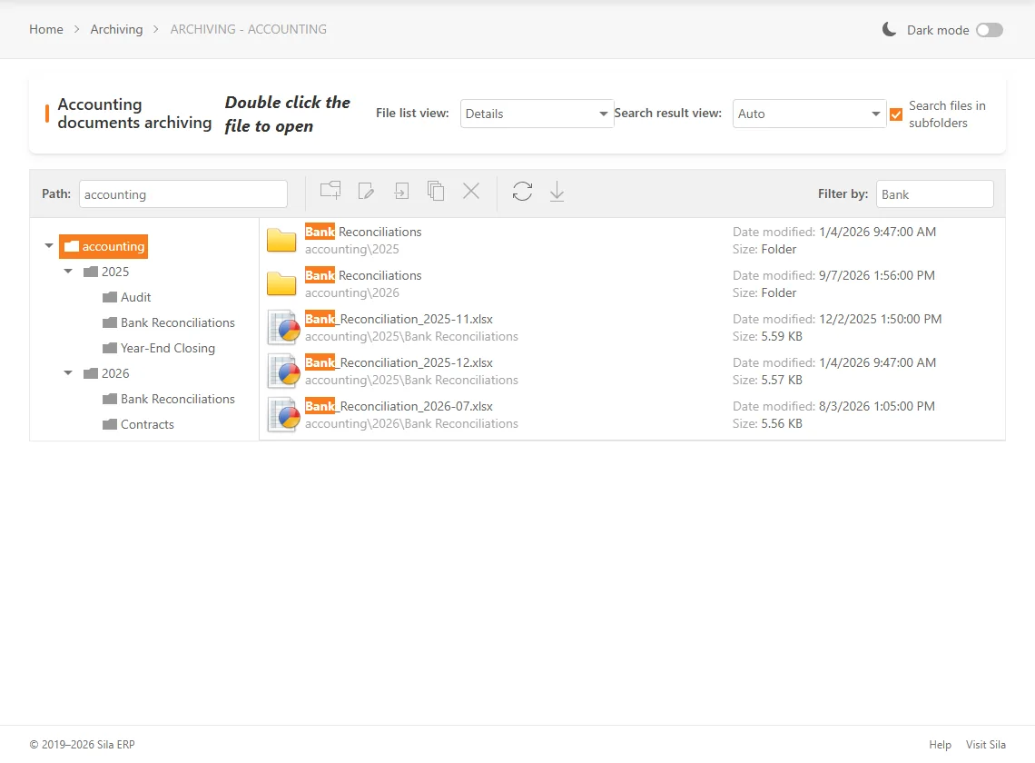 Accounting archive: folder tree by year and topic, with a name filter finding bank reconciliation files in every sub-folder