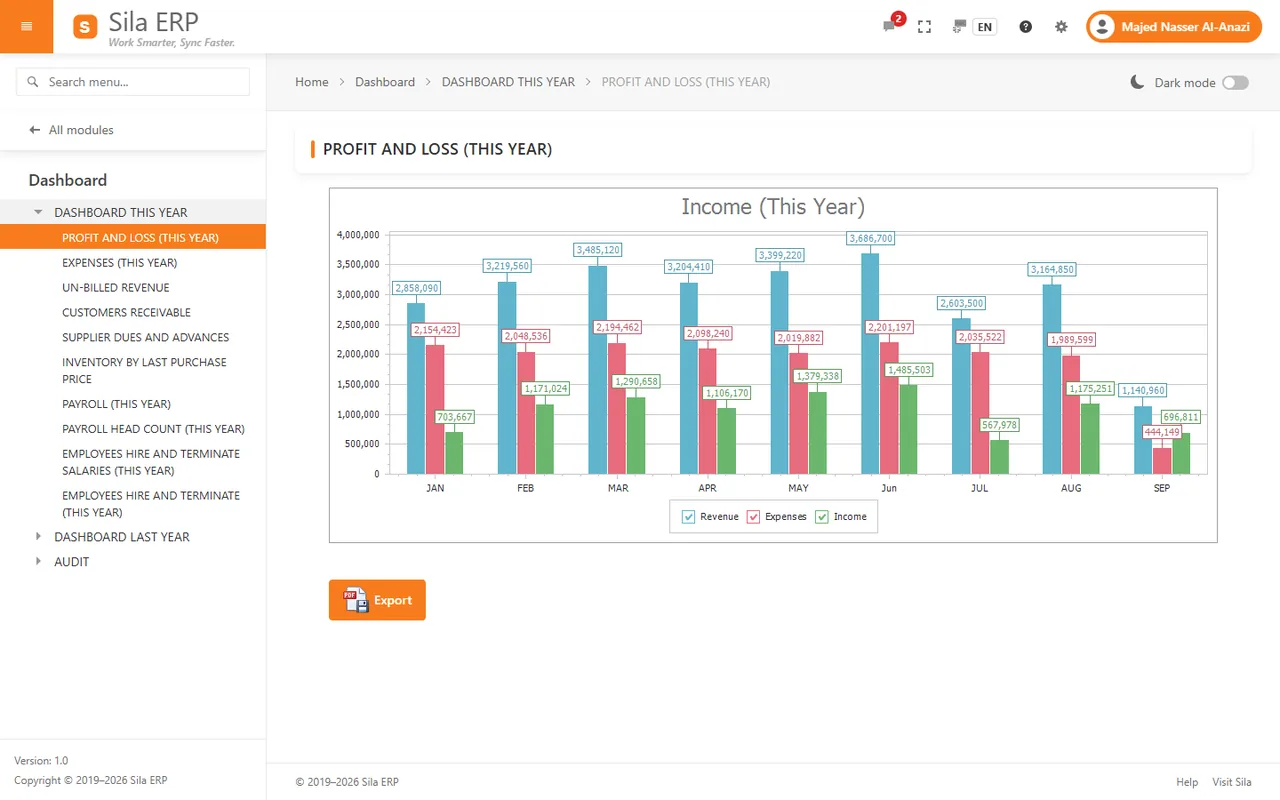 Profit and loss (This Year) dashboard: revenue, expenses and profit by month for the demo company