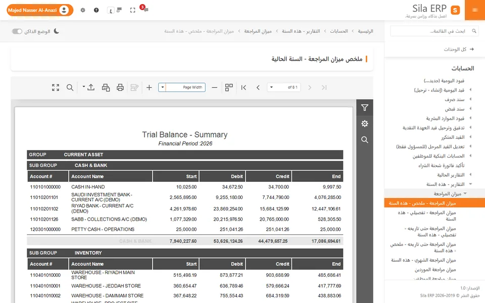 تقرير ميزان المراجعة في عارض التقارير المدمج