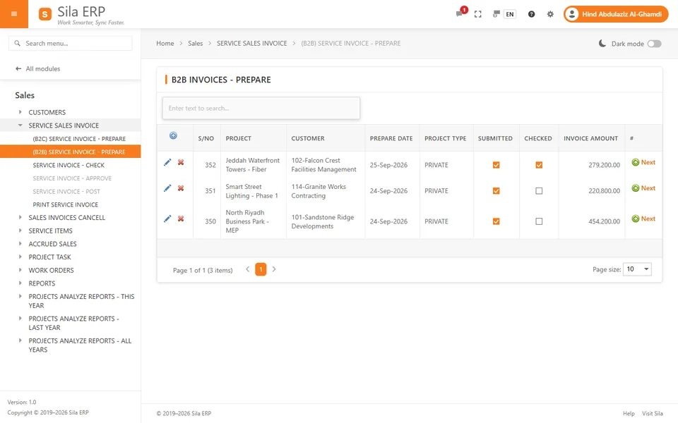 B2B service invoices being prepared, submitted and checked before approval and posting