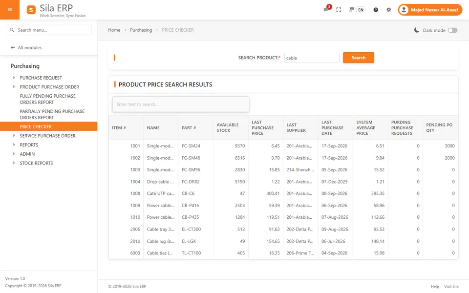 Price Checker showing stock on hand, last purchase price and last supplier
