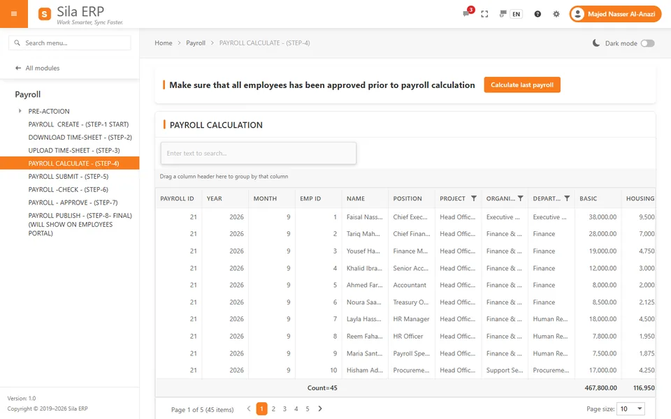 Payroll calculation grid with basic salary, allowances and totals per employee