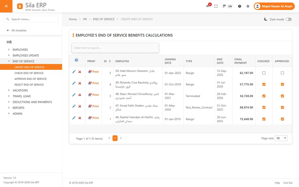 End-of-service settlement calculation screen